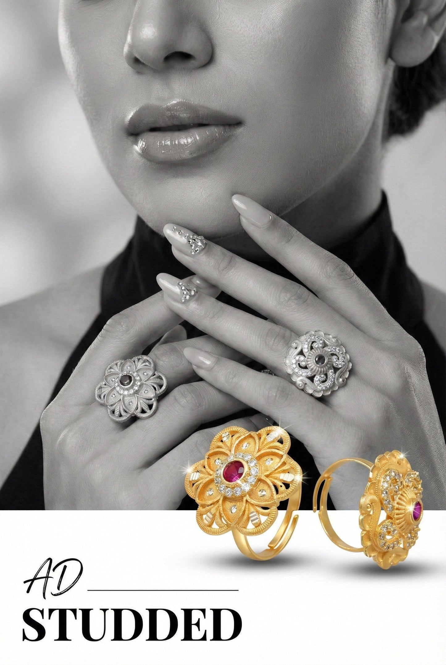 Combo set of 2-Floral Ruby AD Studded Gold Plated Adjustable Ring