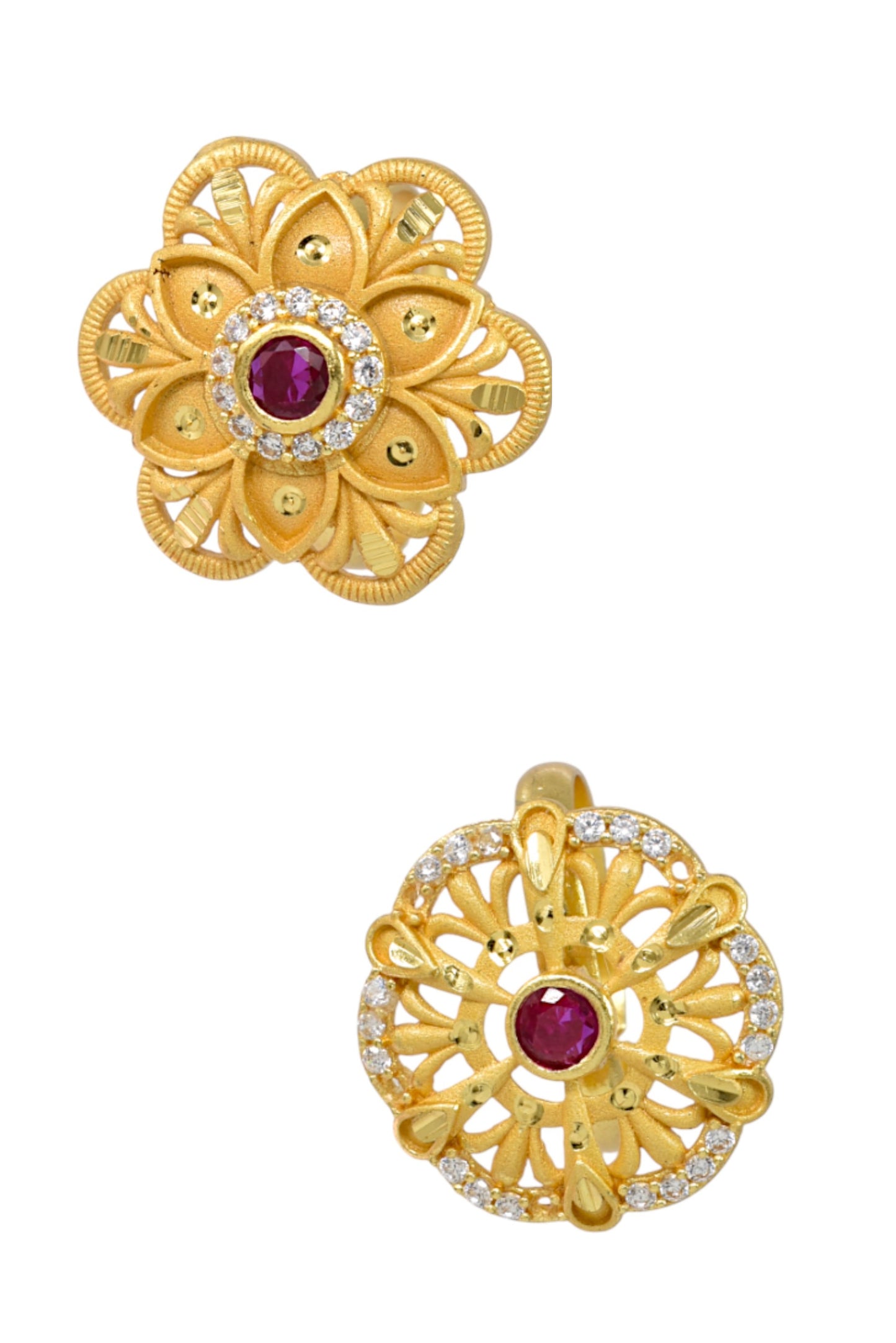 Combo set of 2-Floral Ruby AD Studded Gold Plated Adjustable Ring