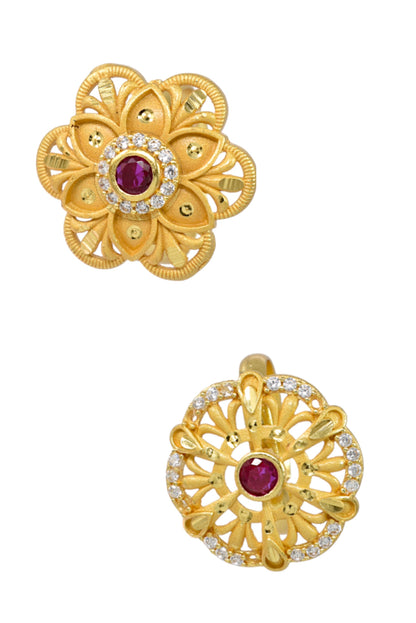 Combo set of 2-Floral Ruby AD Studded Gold Plated Adjustable Ring