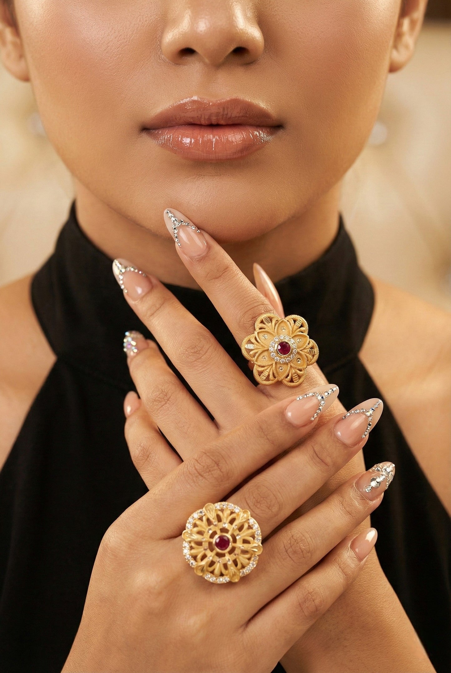 Combo set of 2-Floral Ruby AD Studded Gold Plated Adjustable Ring