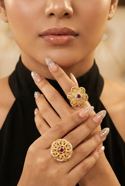 Combo set of 2-Floral Ruby AD Studded Gold Plated Adjustable Ring