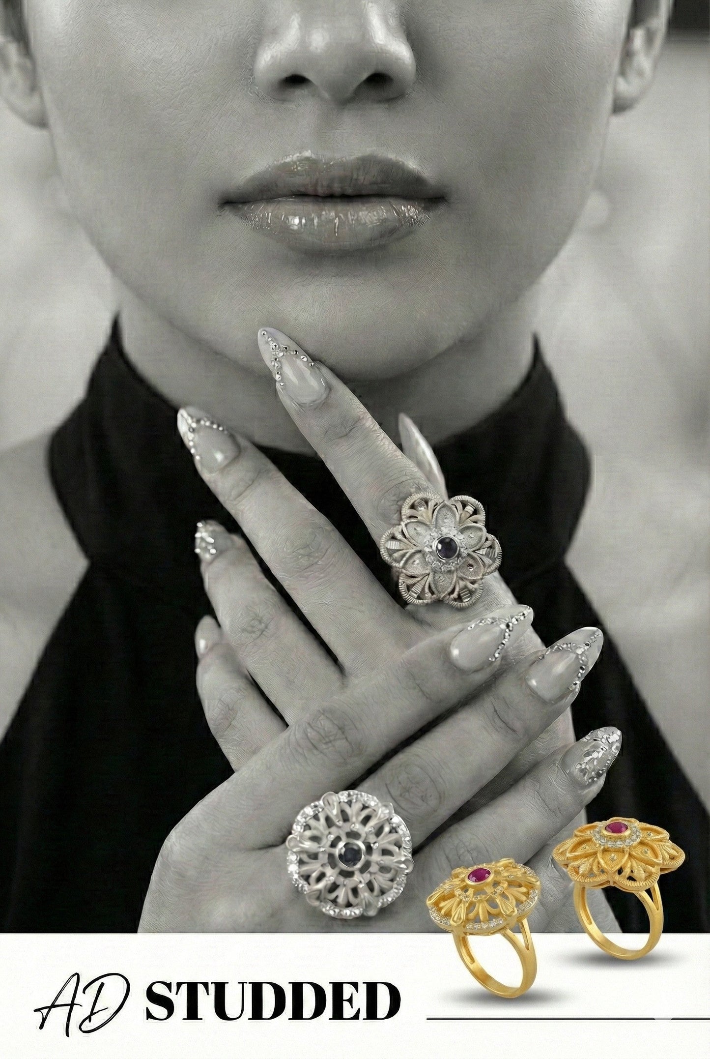 Combo set of 2-Floral Ruby AD Studded Gold Plated Adjustable Ring