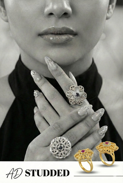 Combo set of 2-Floral Ruby AD Studded Gold Plated Adjustable Ring
