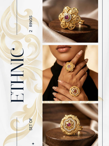Combo set of 2-Premium Gold Plated Flower Ring with Ruby & AD Stones
