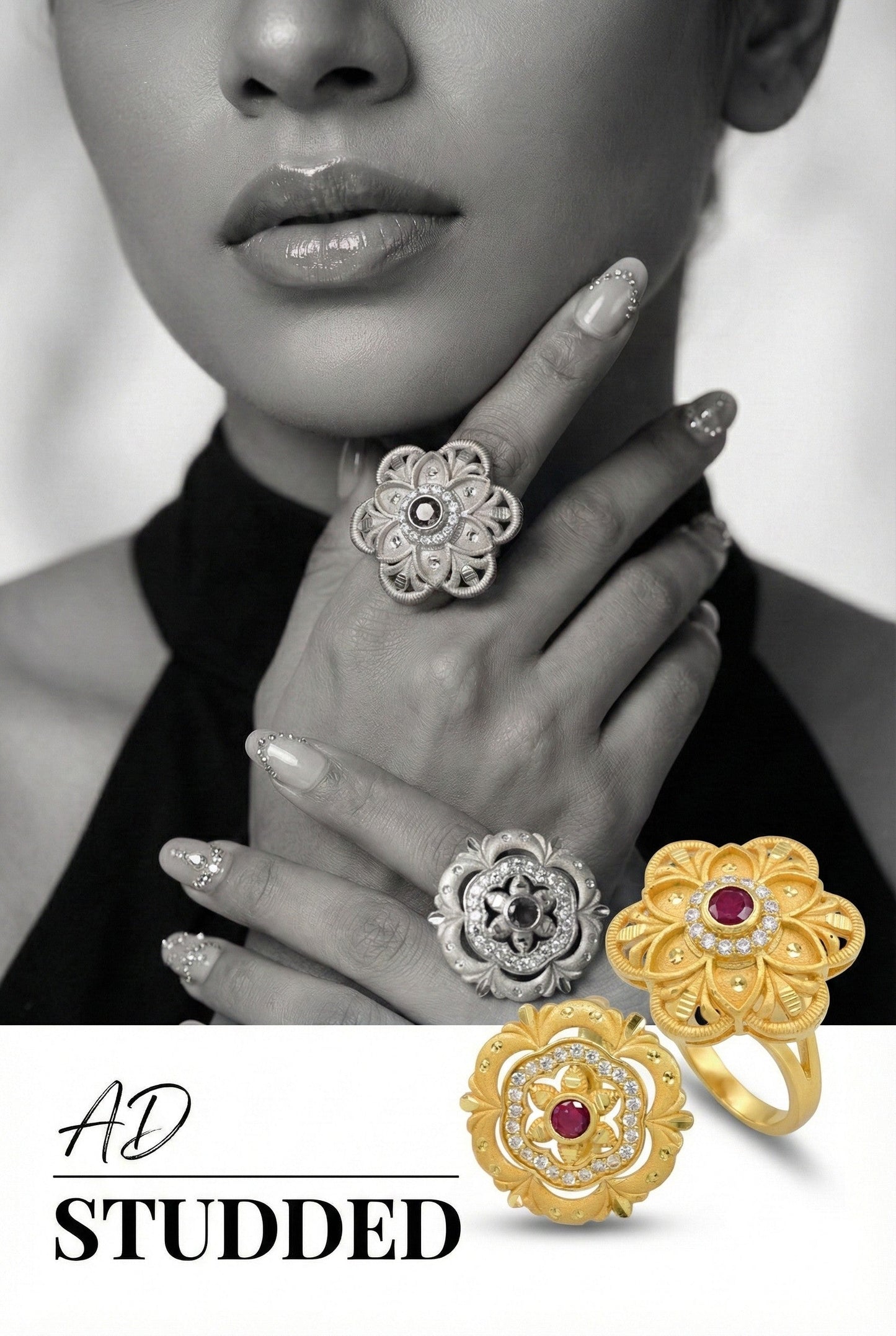 Combo set of 2-Premium Gold Plated Flower Ring with Ruby & AD Stones