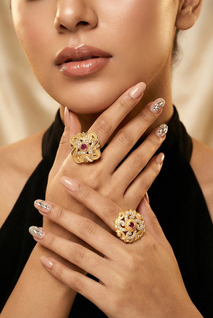 Combo set of 2-Premium Gold Plated Flower Ring with Ruby & AD Stones