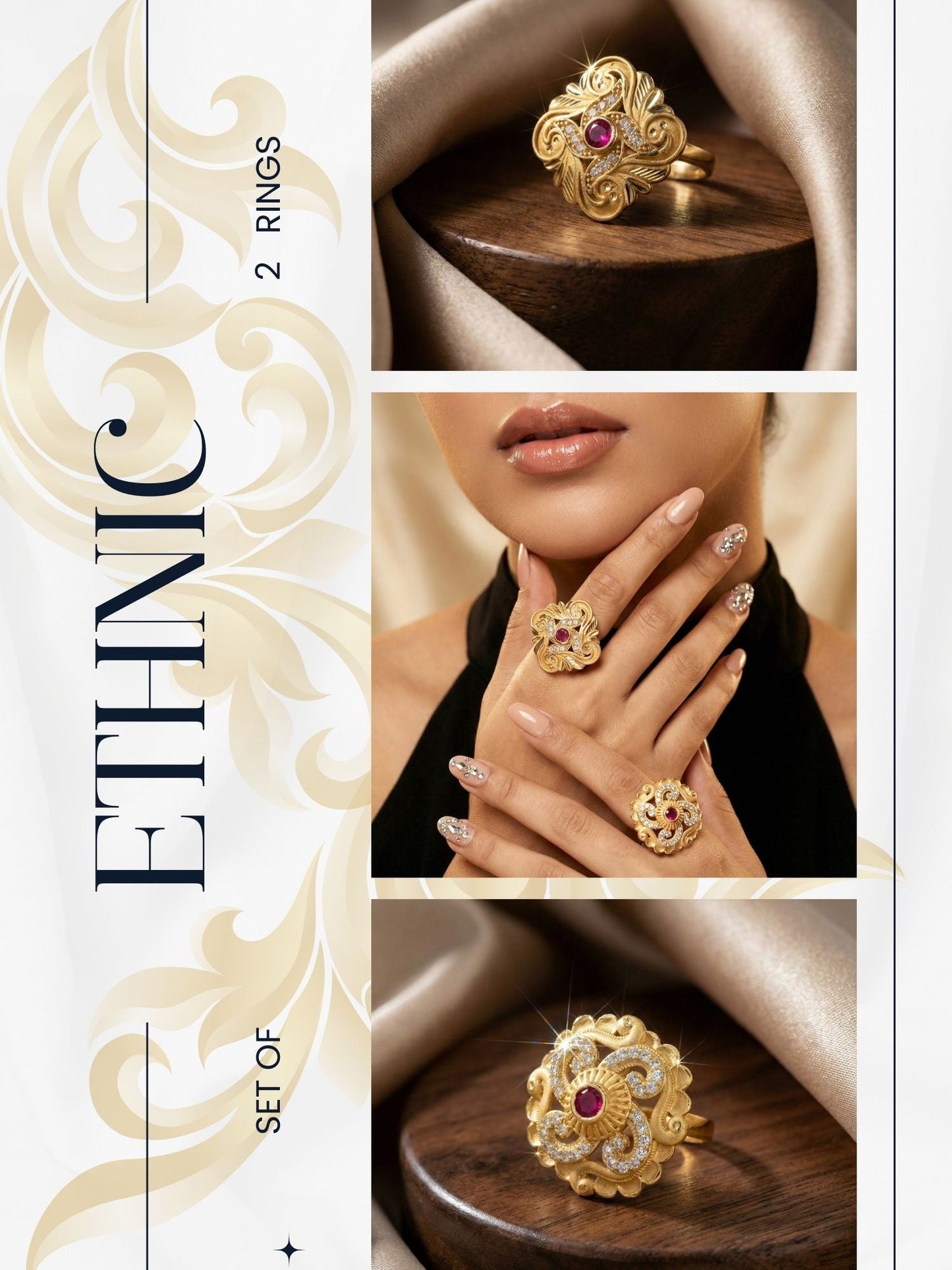 Combo set of 2-Premium Gold Plated Flower Ring with Ruby & AD Stones