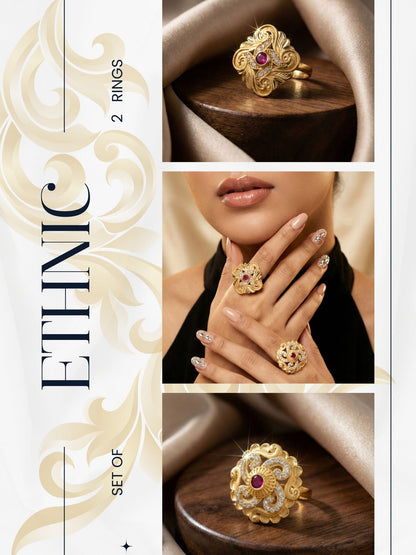 Combo set of 2-Premium Gold Plated Flower Ring with Ruby & AD Stones