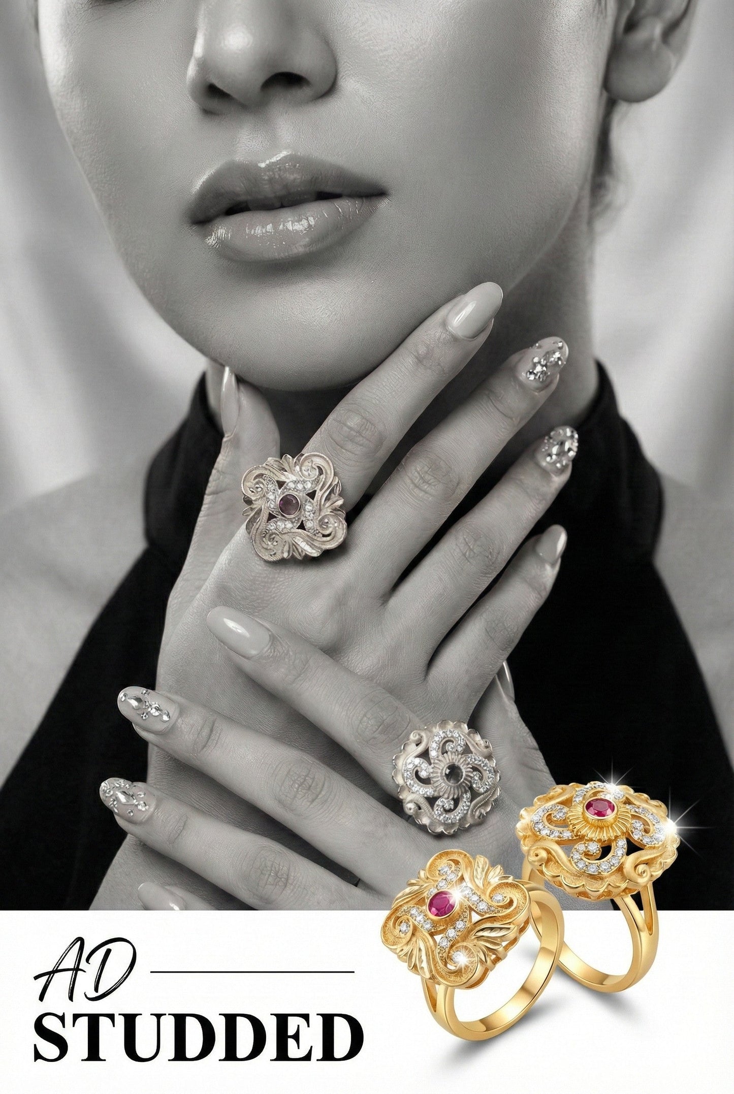 Combo set of 2-Premium Gold Plated Flower Ring with Ruby & AD Stones