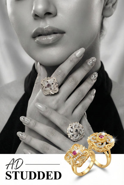 Combo set of 2-Premium Gold Plated Flower Ring with Ruby & AD Stones