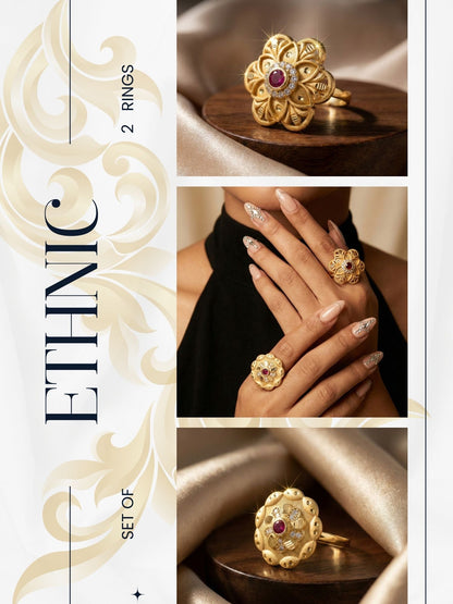 Combo set of 2-Designer Floral AD Ring with Ruby Center – Adjustable Fit