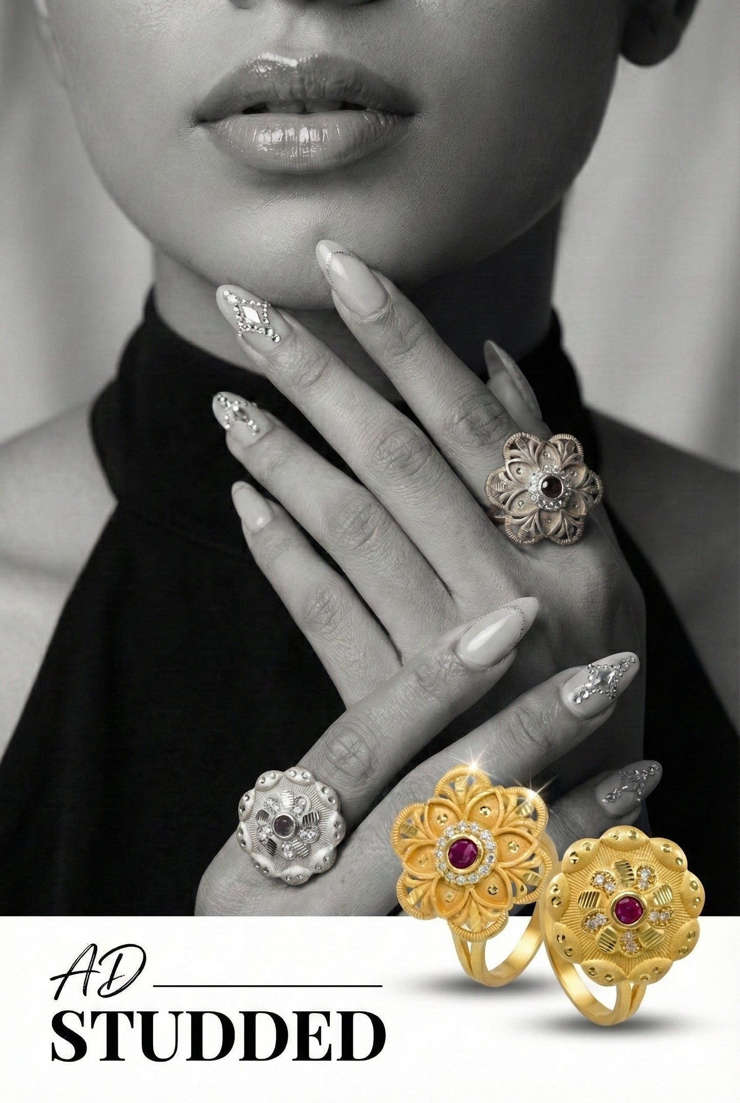 Combo set of 2-Designer Floral AD Ring with Ruby Center – Adjustable Fit