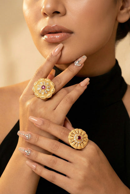 Combo set of 2-Designer Floral AD Ring with Ruby Center – Adjustable Fit