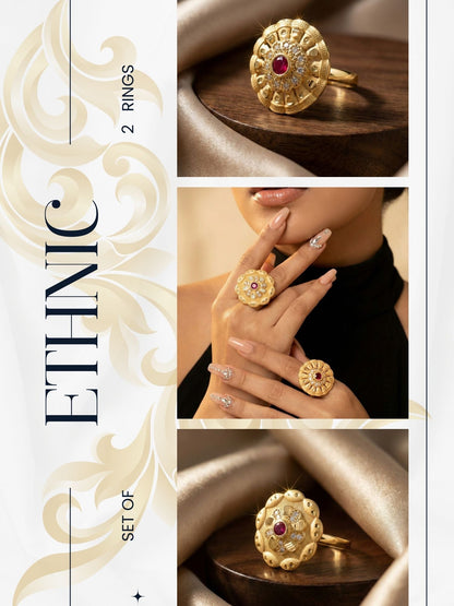 Combo set of 2-Designer Floral AD Ring with Ruby Center – Adjustable Fit