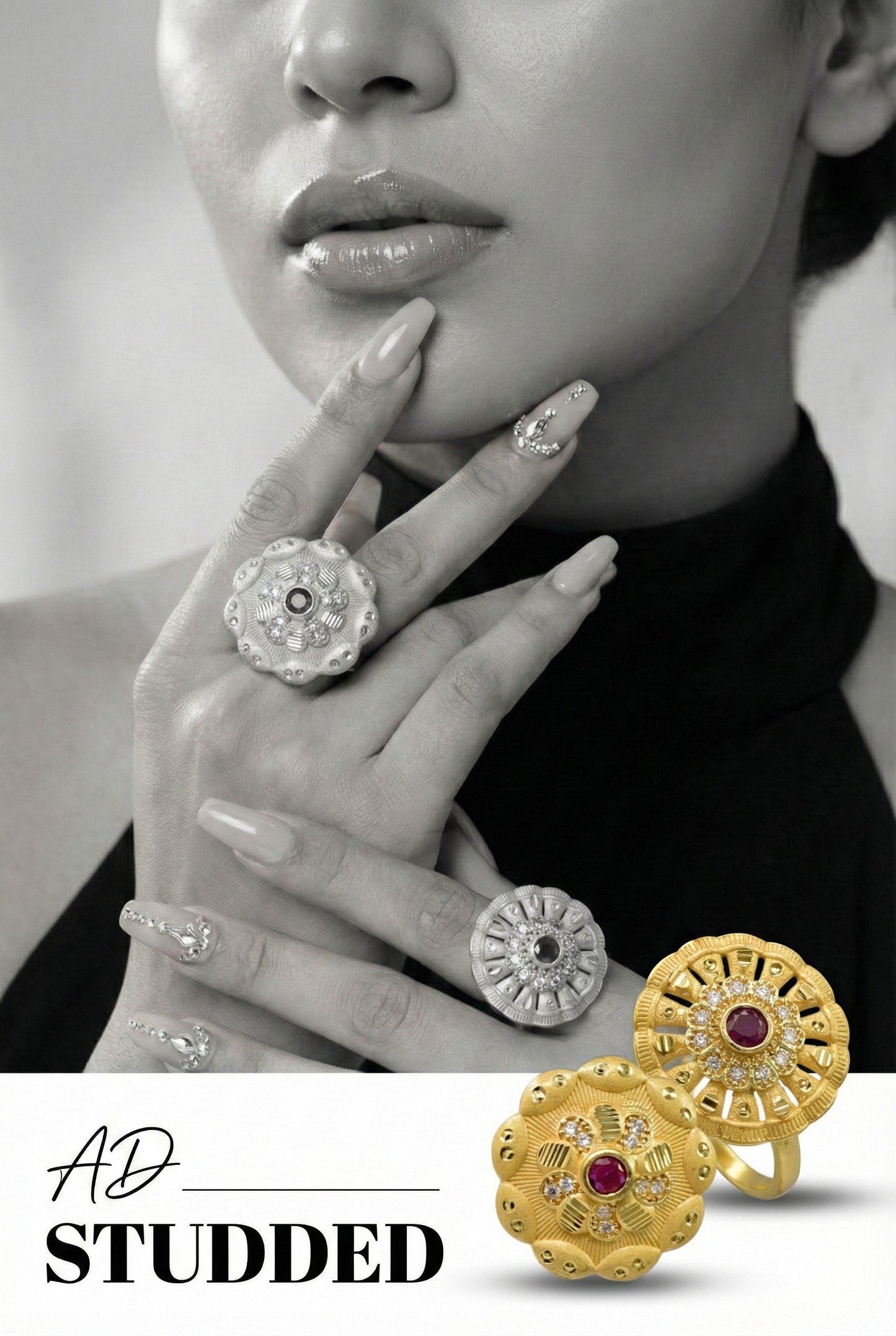 Combo set of 2-Designer Floral AD Ring with Ruby Center – Adjustable Fit