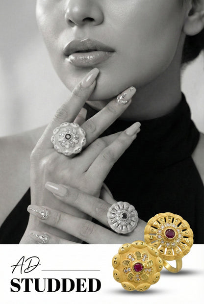 Combo set of 2-Designer Floral AD Ring with Ruby Center – Adjustable Fit