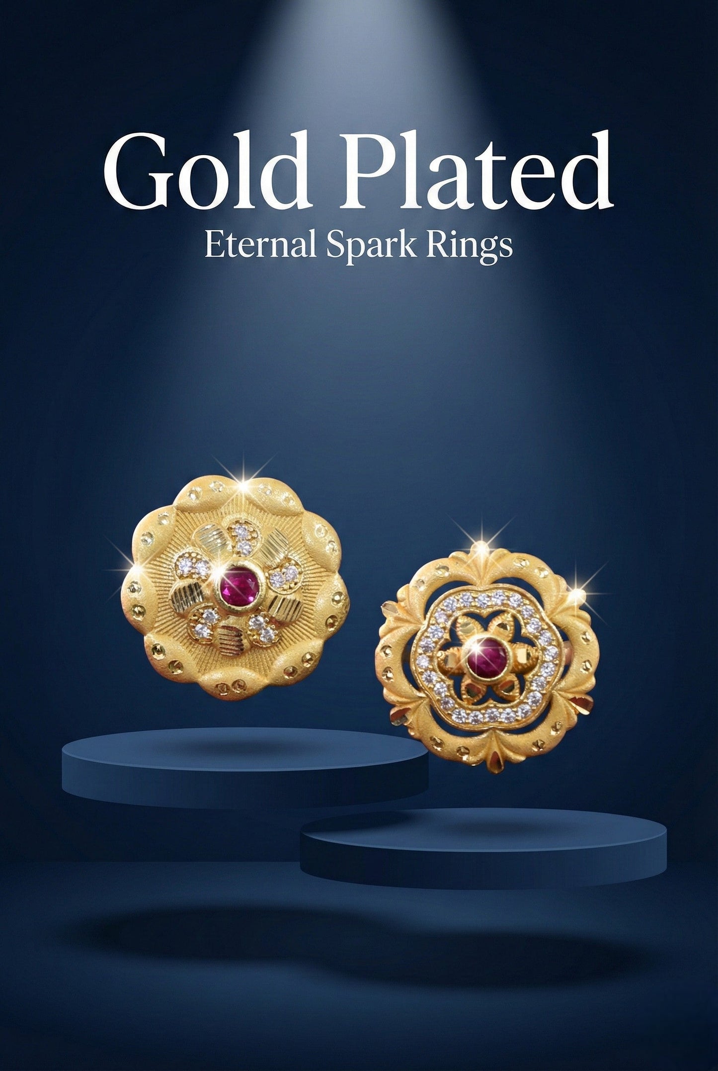 Combo set of 2-Royal Gold Plated Adjustable Ring with Ruby & American Diamonds