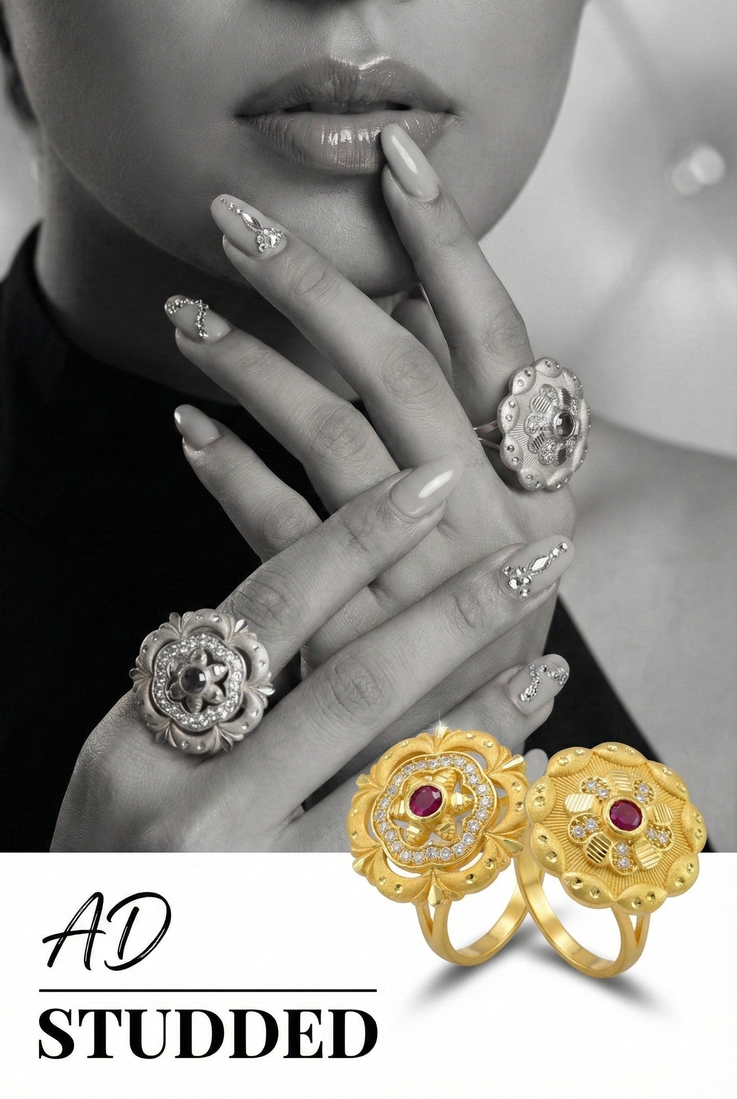 Combo set of 2-Royal Gold Plated Adjustable Ring with Ruby & American Diamonds