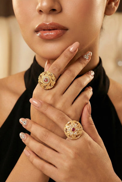 Combo set of 2-Royal Gold Plated Adjustable Ring with Ruby & American Diamonds