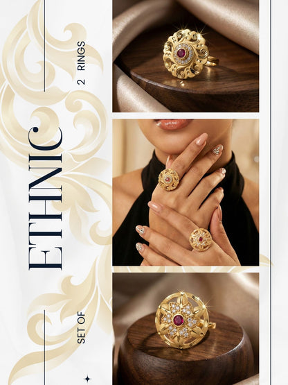 Combo set of 2-Royal Gold Plated Adjustable Ring with Ruby & American Diamonds