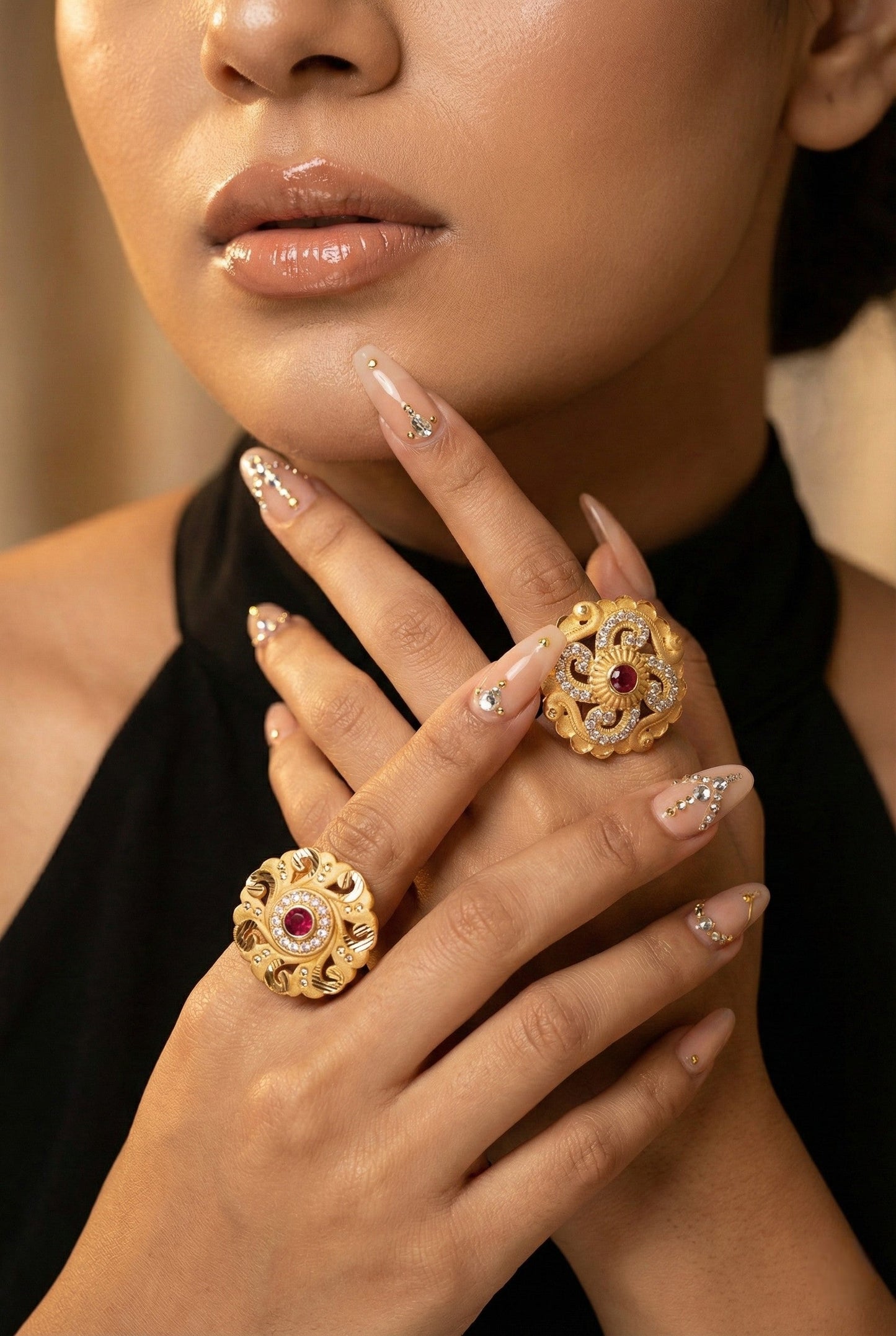 Combo set of 2-Elegant Floral AD Studded Adjustable Ring for Women