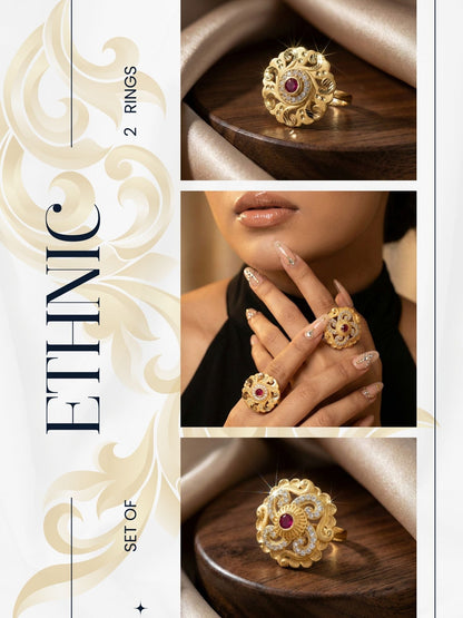 Combo set of 2-Elegant Floral AD Studded Adjustable Ring for Women