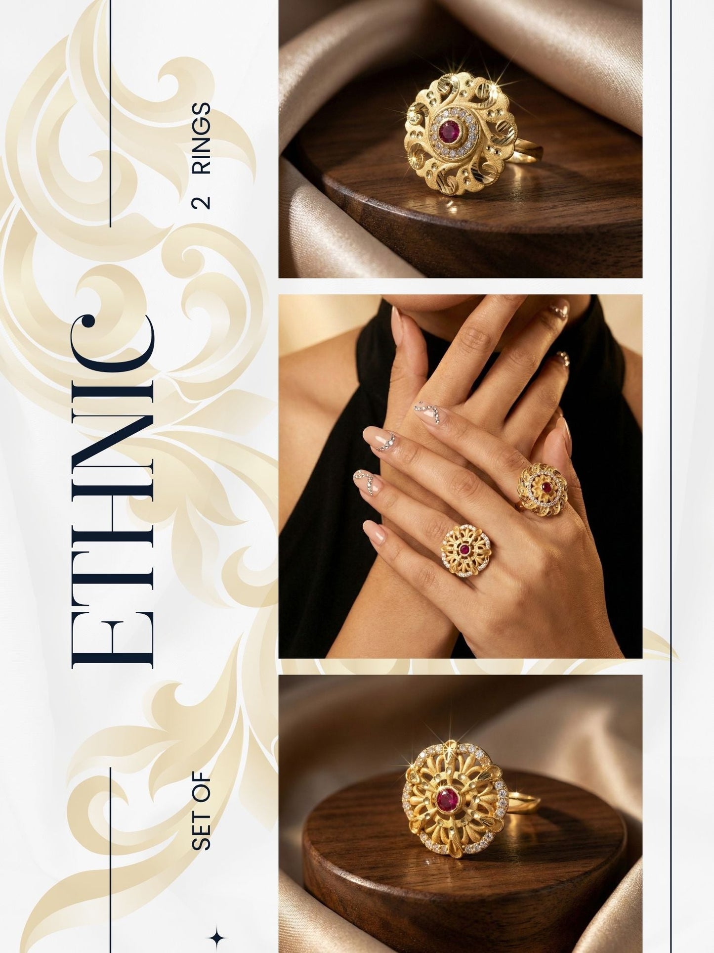 Combo set of 2-Elegant Floral AD Studded Adjustable Ring for Women