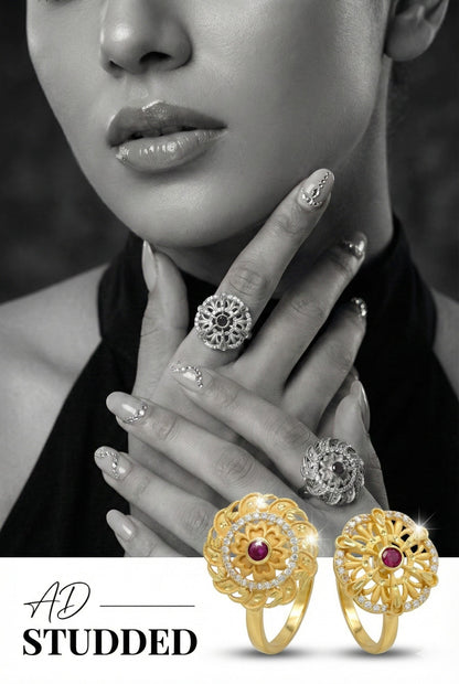 Combo set of 2-Elegant Floral AD Studded Adjustable Ring for Women