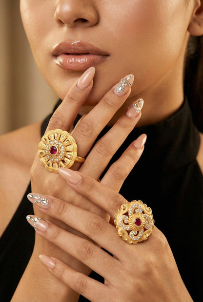 Combo set of 2-Luxury Flower Design Gold Plated AD Ring – Adjustable