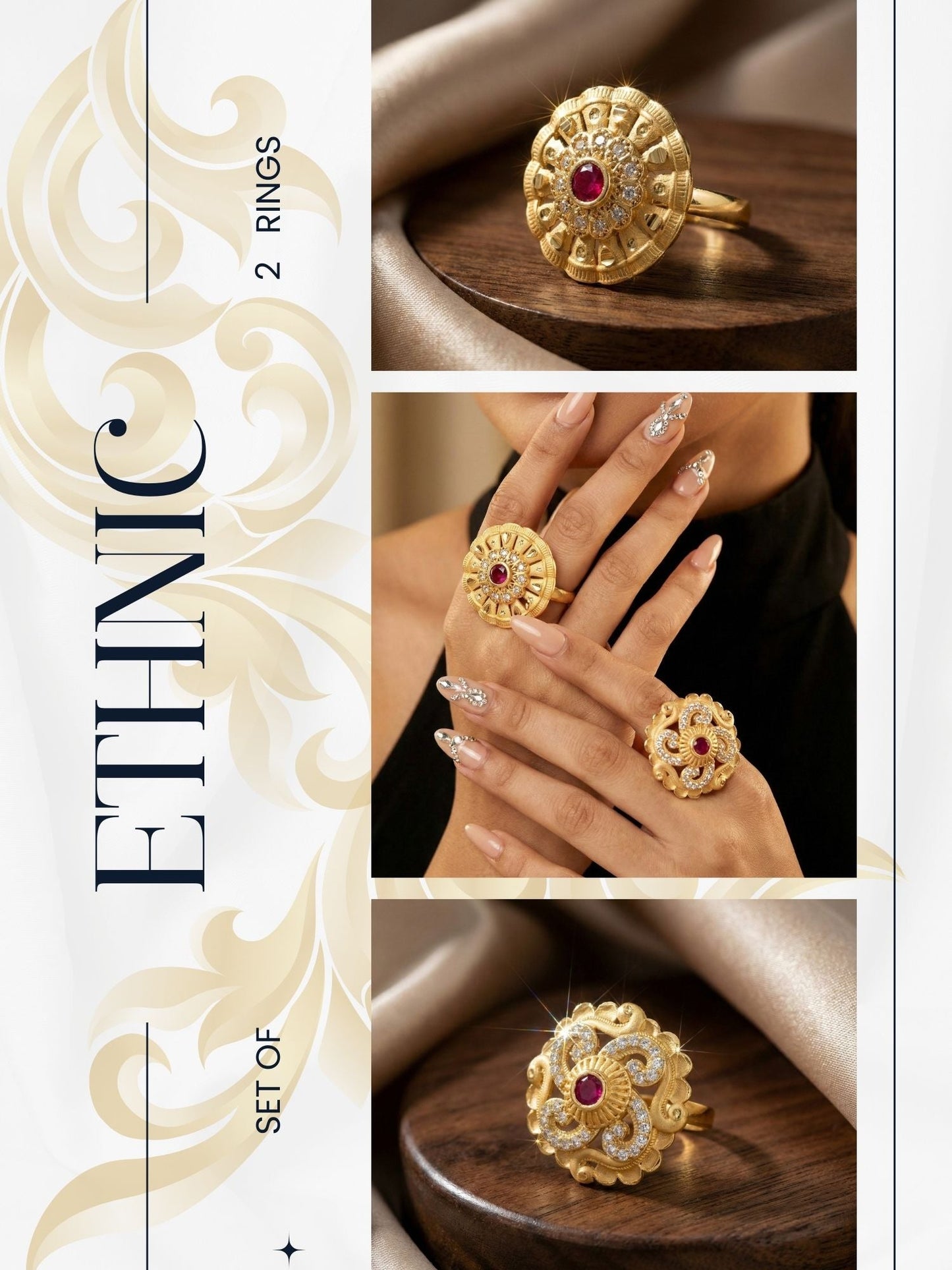 Combo set of 2-Luxury Flower Design Gold Plated AD Ring – Adjustable
