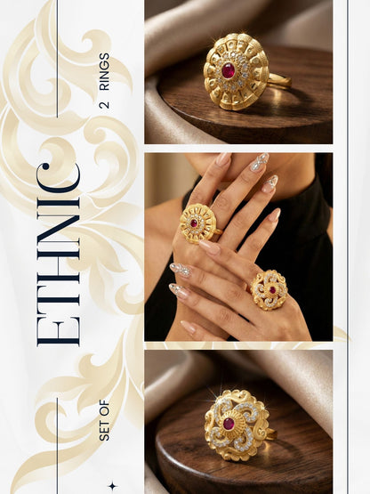 Combo set of 2-Luxury Flower Design Gold Plated AD Ring – Adjustable