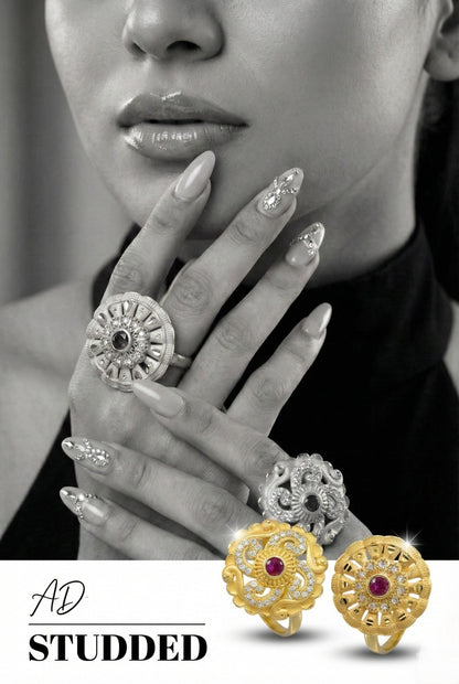 Combo set of 2-Luxury Flower Design Gold Plated AD Ring – Adjustable