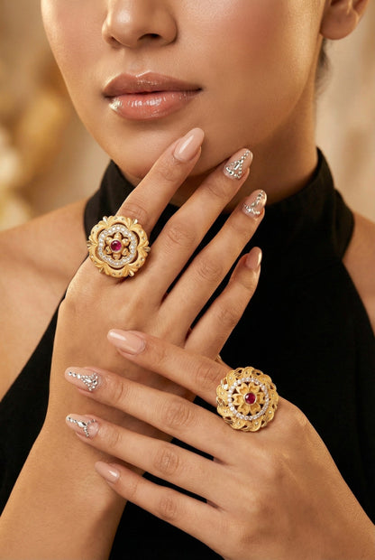 Combo set of 3-Luxury Flower Design Gold Plated AD Ring – Adjustable