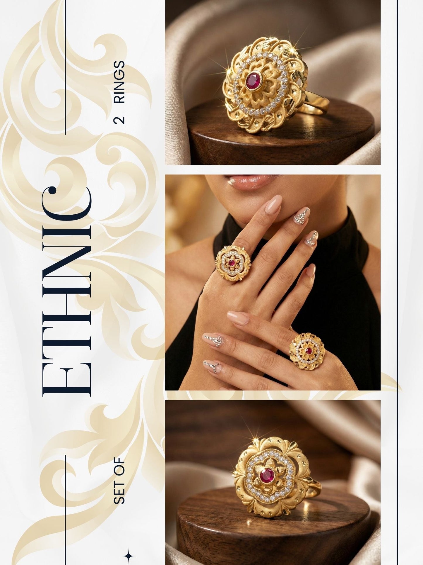 Combo set of 3-Luxury Flower Design Gold Plated AD Ring – Adjustable