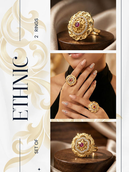 Combo set of 3-Luxury Flower Design Gold Plated AD Ring – Adjustable