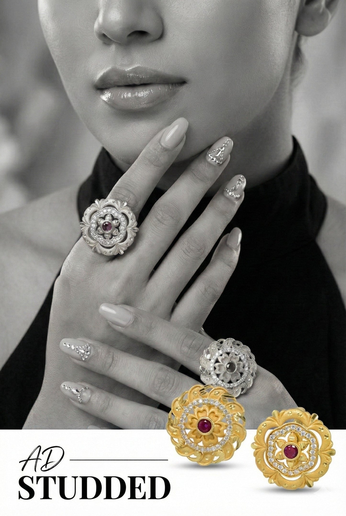 Combo set of 3-Luxury Flower Design Gold Plated AD Ring – Adjustable