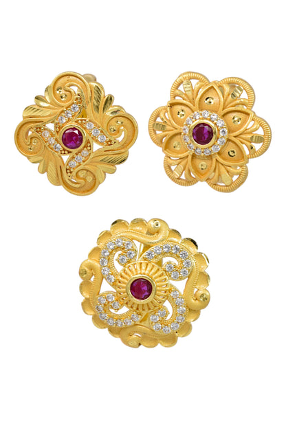 Combo set of 3-Traditional Ruby Stone AD Gold Adjustable Statement Ring