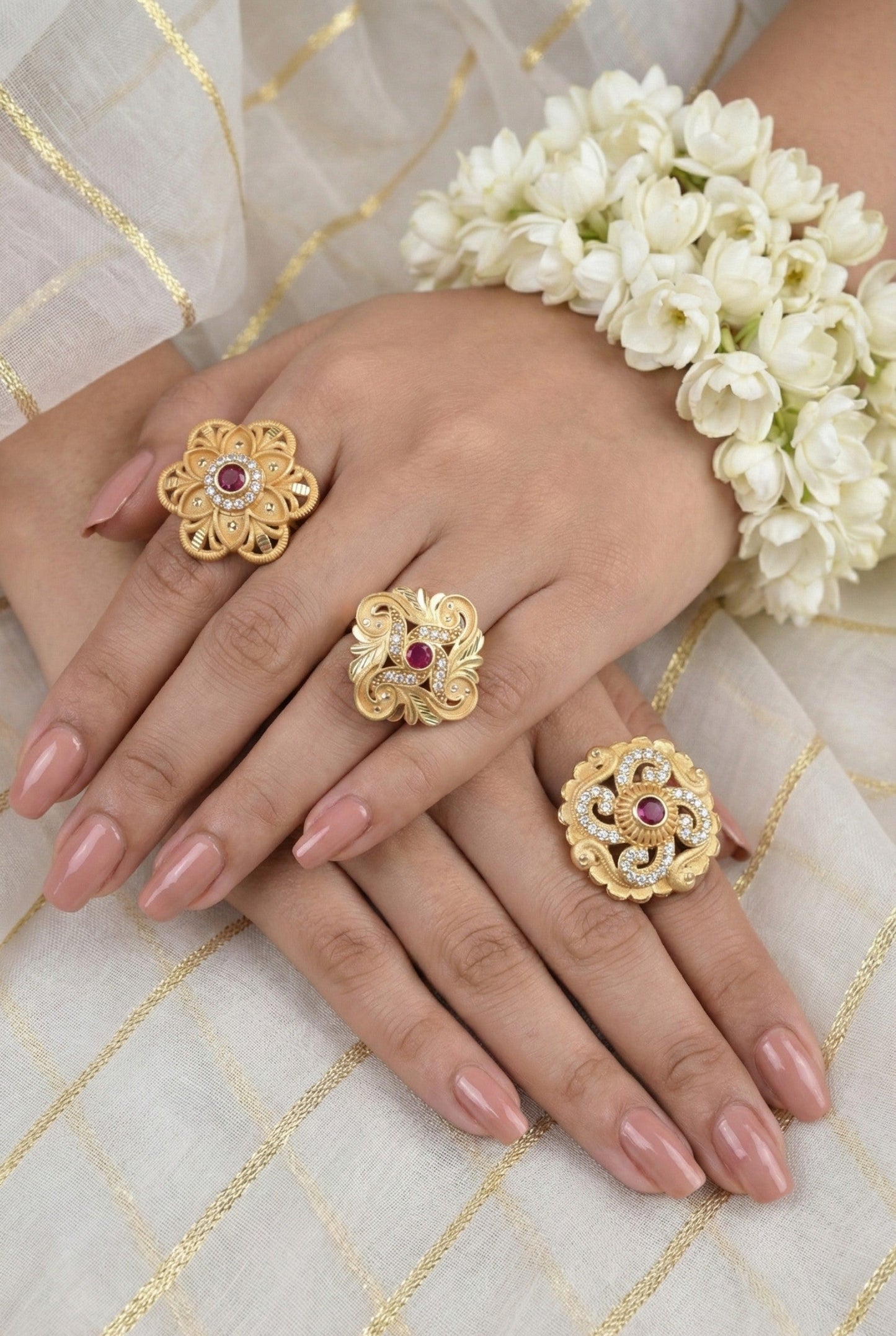 Combo set of 3-Traditional Ruby Stone AD Gold Adjustable Statement Ring