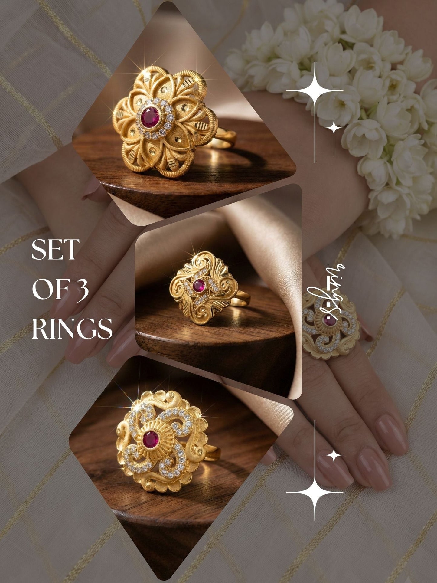Combo set of 3-Traditional Ruby Stone AD Gold Adjustable Statement Ring