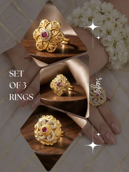 Combo set of 3-Traditional Ruby Stone AD Gold Adjustable Statement Ring