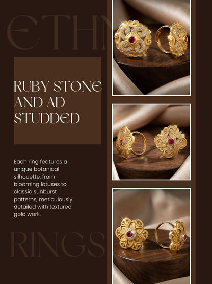 Combo set of 3-Traditional Ruby Stone AD Gold Adjustable Statement Ring
