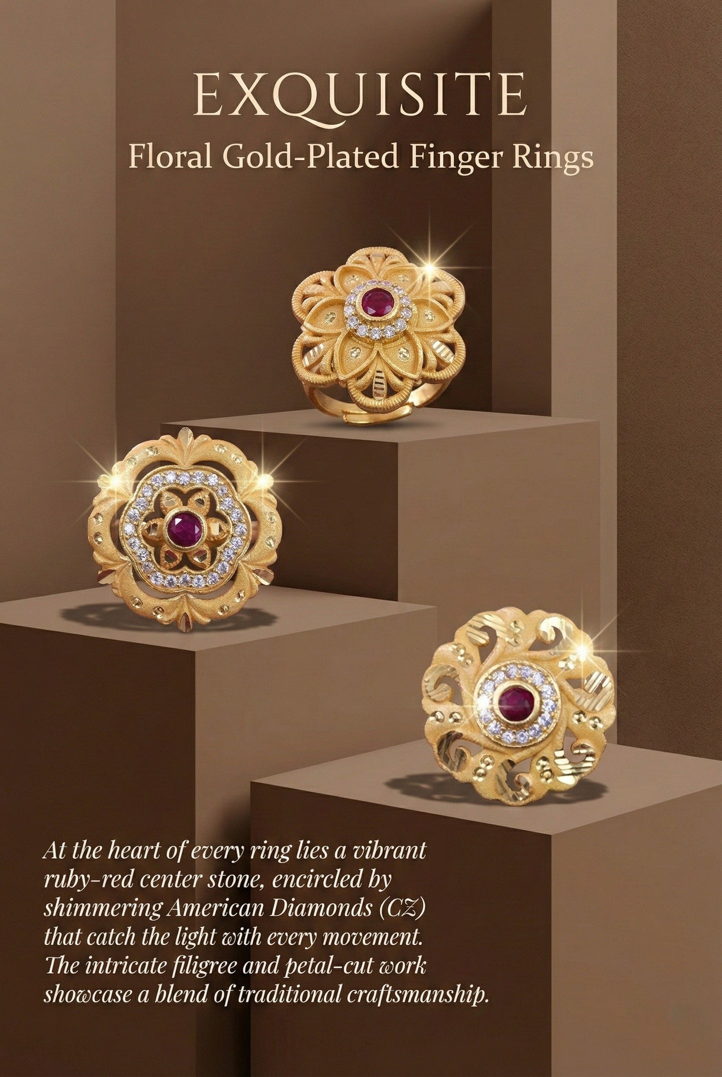 Combo set of 3-Traditional Ruby Stone AD Gold Adjustable Statement Ring