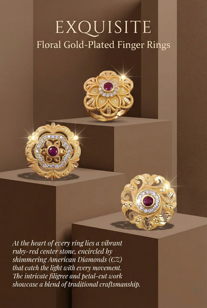 Combo set of 3-Traditional Ruby Stone AD Gold Adjustable Statement Ring