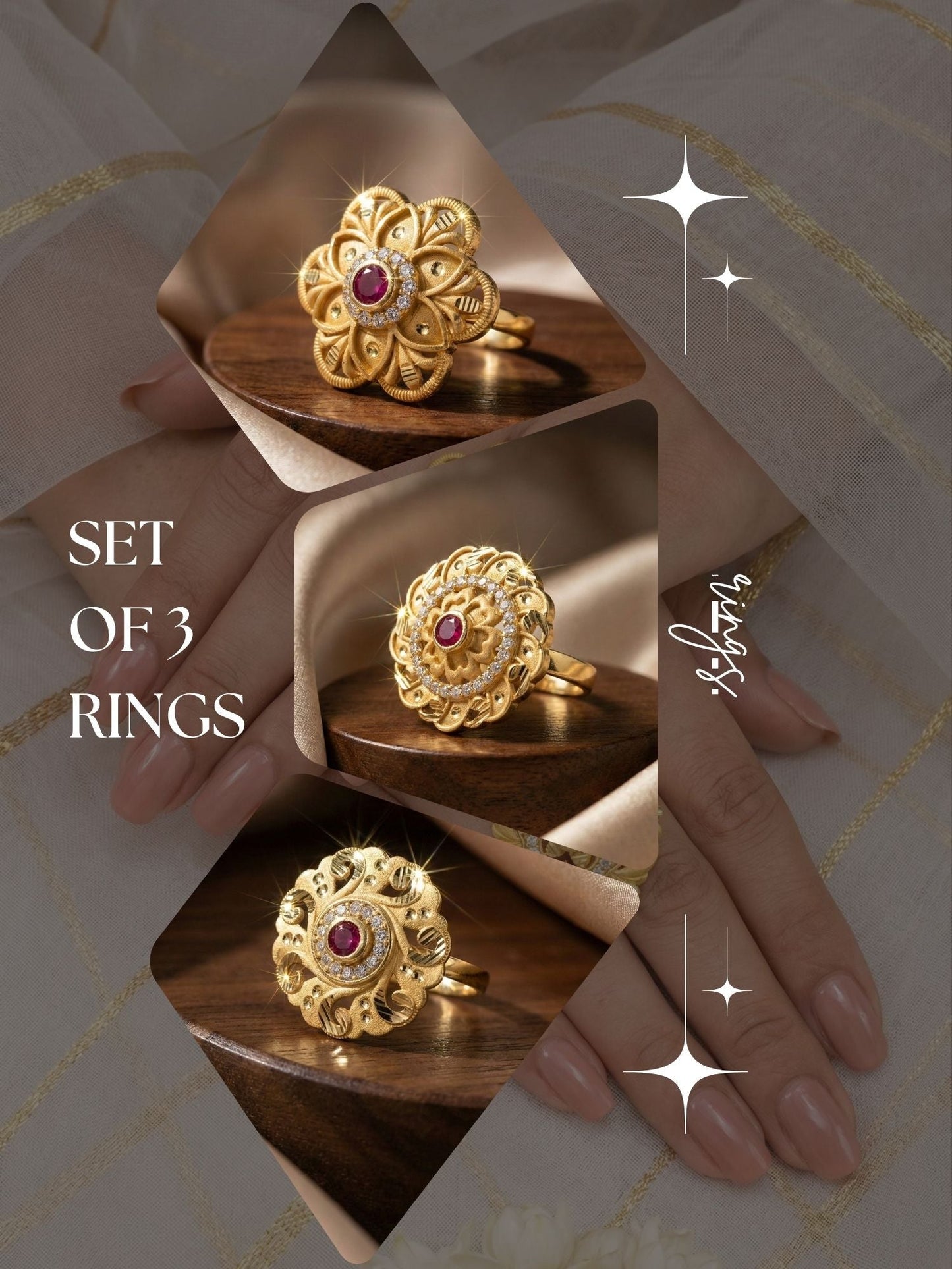 Combo set of 3-Traditional Ruby Stone AD Gold Adjustable Statement Ring