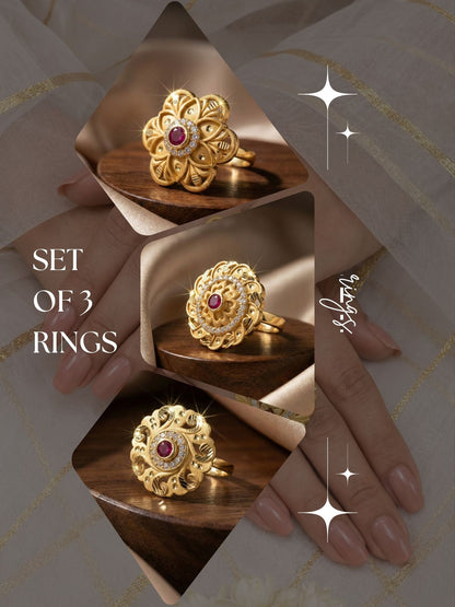 Combo set of 3-Traditional Ruby Stone AD Gold Adjustable Statement Ring