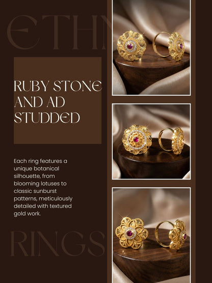 Combo set of 3-Traditional Ruby Stone AD Gold Adjustable Statement Ring