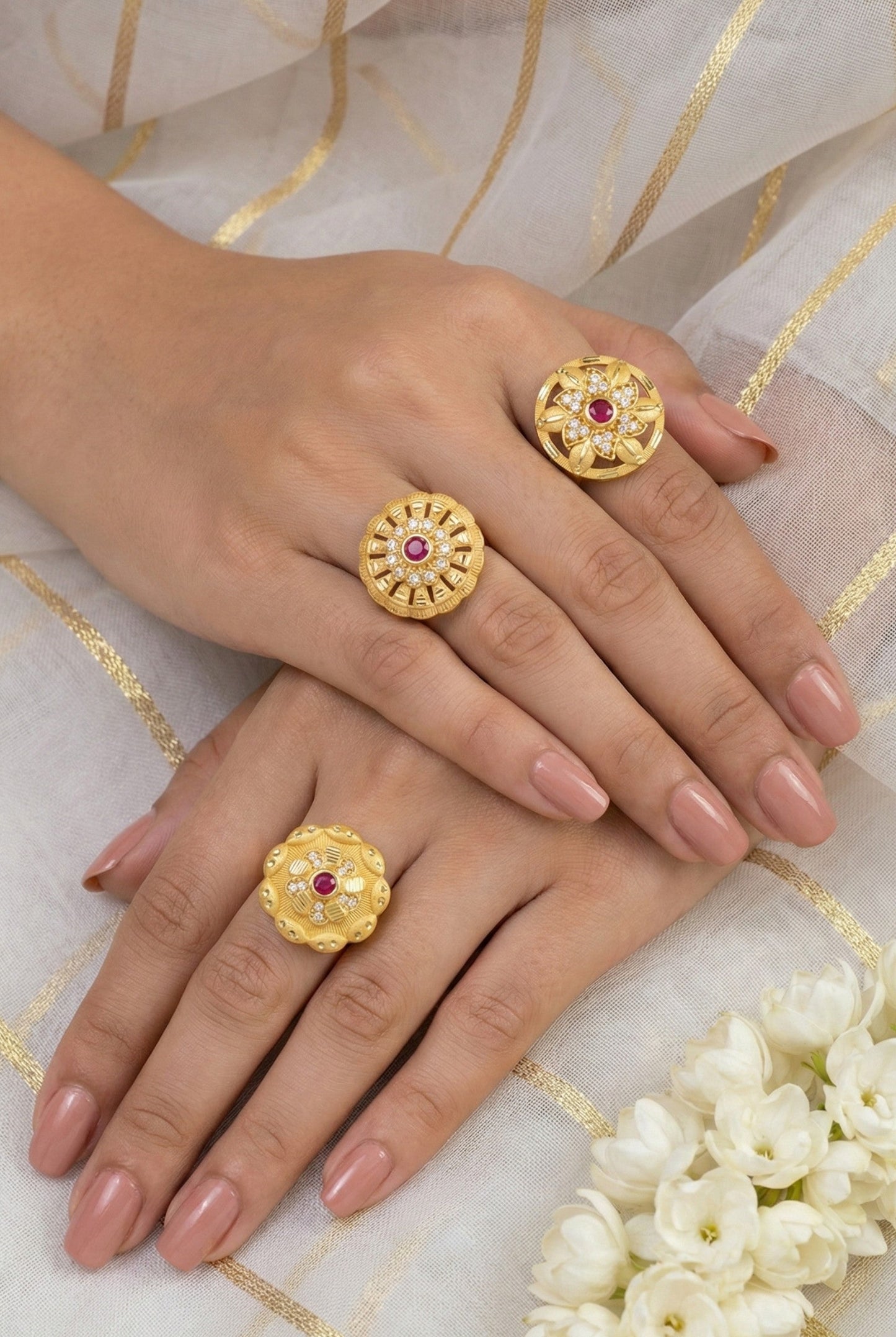 Combo set of 3-Vintage Style Floral Gold Plated Adjustable AD Ring