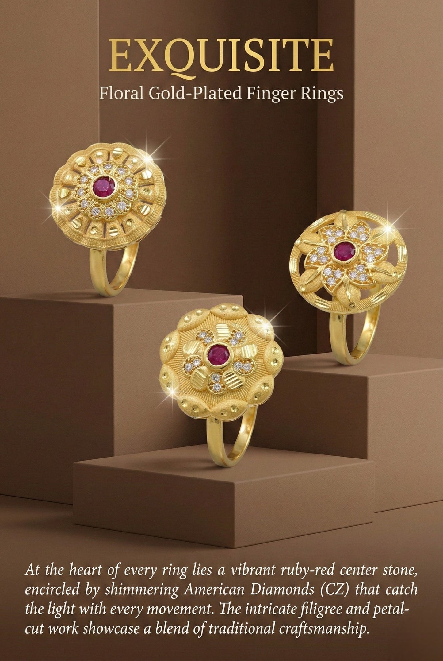 Combo set of 3-Vintage Style Floral Gold Plated Adjustable AD Ring