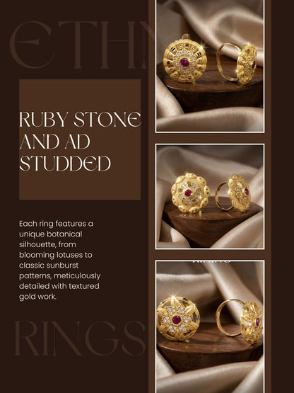 Combo set of 3-Vintage Style Floral Gold Plated Adjustable AD Ring