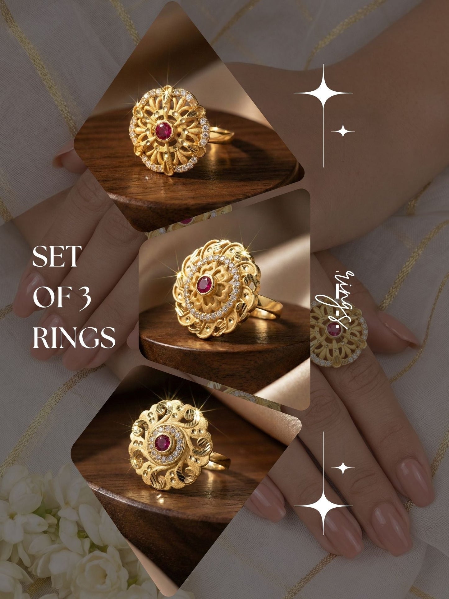 Combo set of 3-Vintage Style Floral Gold Plated Adjustable AD Ring